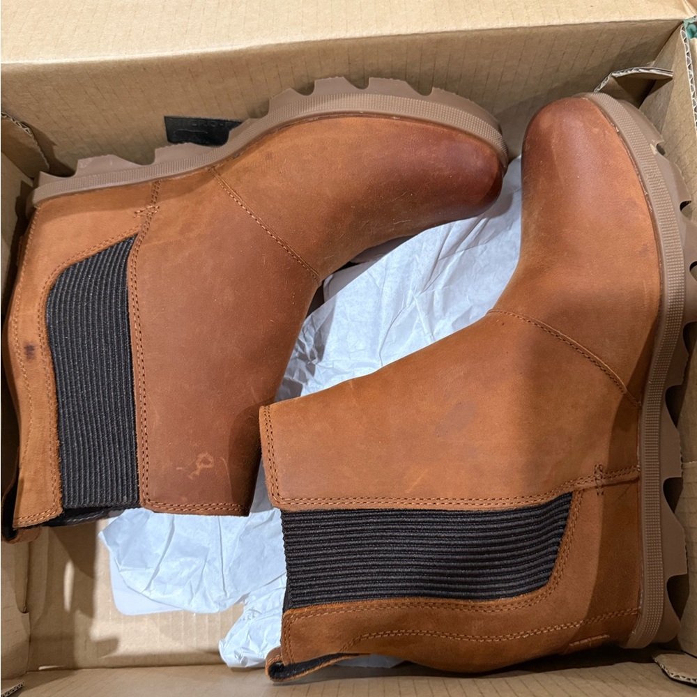 Sorel Joan Rhapsody Waterproof Leather Chelsea Wedge Booties brown size 10